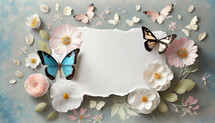 dimensional flowers and butterflies surround a large ragged piece of white deckle edge paper with a muted blue background