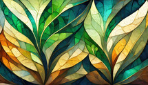leafy abstract design in green, gold, yellow, turquoise and rusty orange