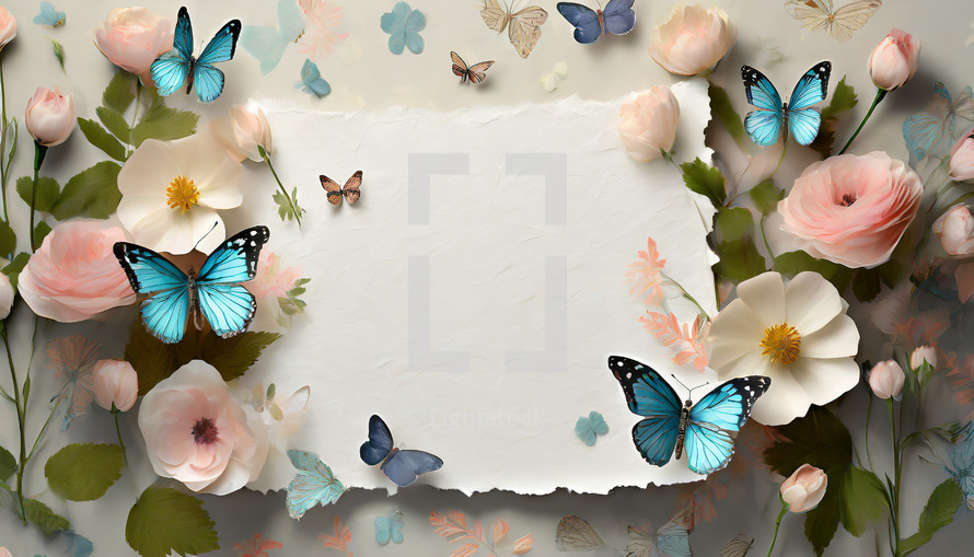 flat lay design with butterflies and pastel flowers surrounding white paper with torn edges, suitable for a title or other text