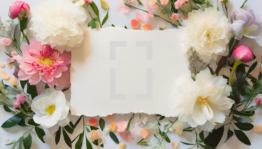 blank paper with torn edges surrounded by flowers and leaves
