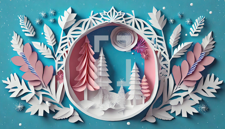winter theme cut paper sculpture with center circular frame and leaves fanning out