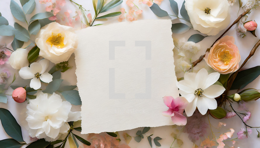 floral flat lay design with blank paper for copy space