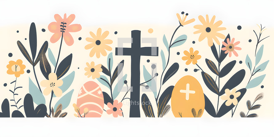 Easter Spring illustration with pastel colours and a cross with flowers, on a white background