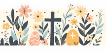 Easter Spring illustration with pastel colours and a cross with flowers, on a white background
