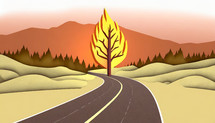 Modern Burning Bush Illustration in a Desert with a Rroad