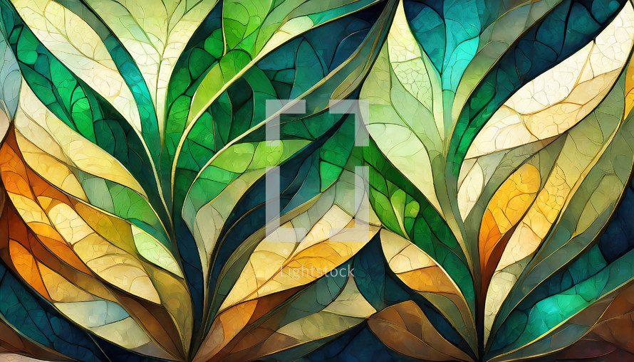 leafy abstract design in green, gold, yellow, turquoise and rusty orange