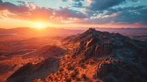 Pyramid complex, drone's perspective, vibrant sunset hues, vast desert vista, photorealistic twilight scene Generative AI