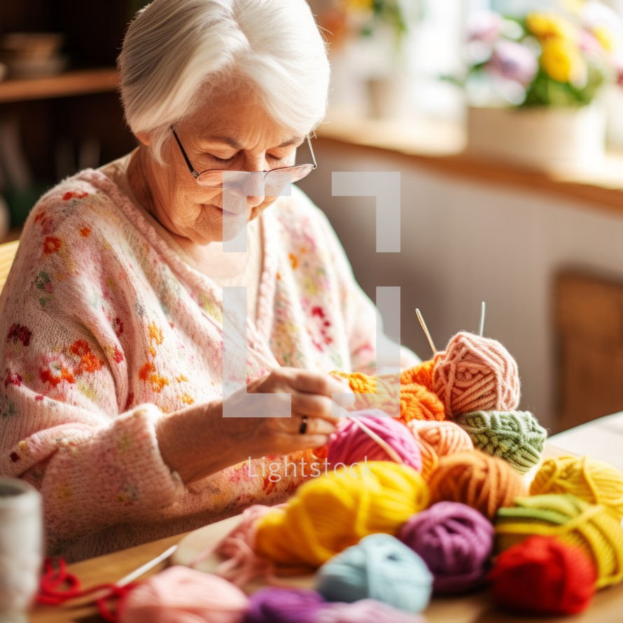 Stock image of an elderly woman knitting at home, crafting and creating Generative AI