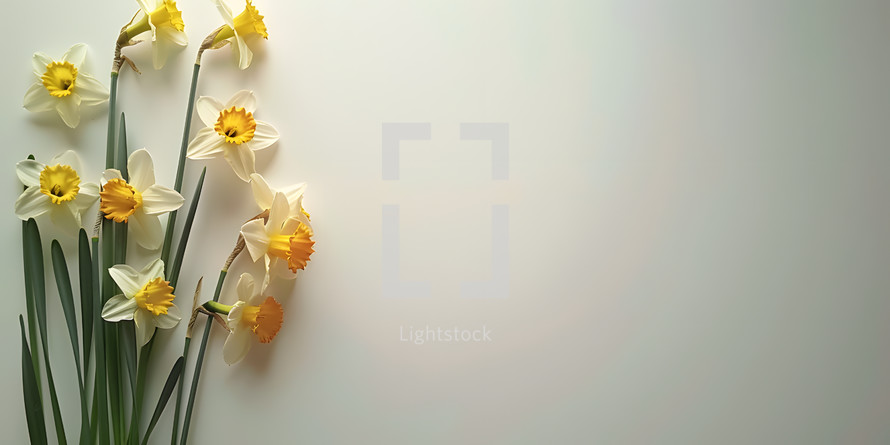 Daffodils, spring flowers against white background with copy space