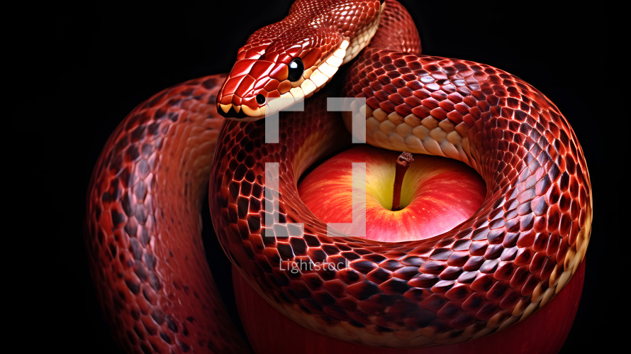 a red snake wrapped around an apple