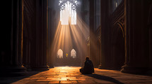 Silhouette of a man praying alone sitting in a cathedral and light beam from window