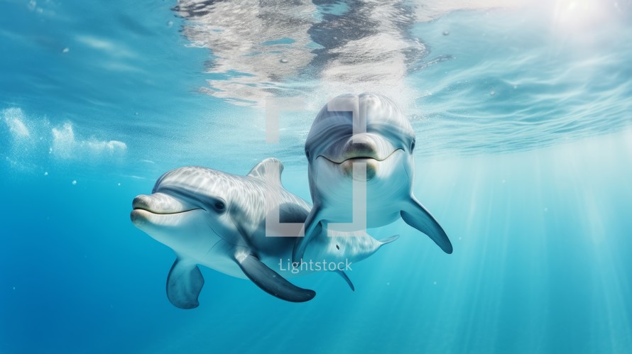 Playful dolphins swimming in crystal-clear waters. Generative AI