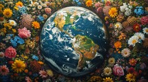 Realistic depiction of Earth with continents blossoming into vivid floral patterns, each continent exhibiting an array of flowers, showcasing the planet's natural beauty and floral diversity from an aerial view Generative AI