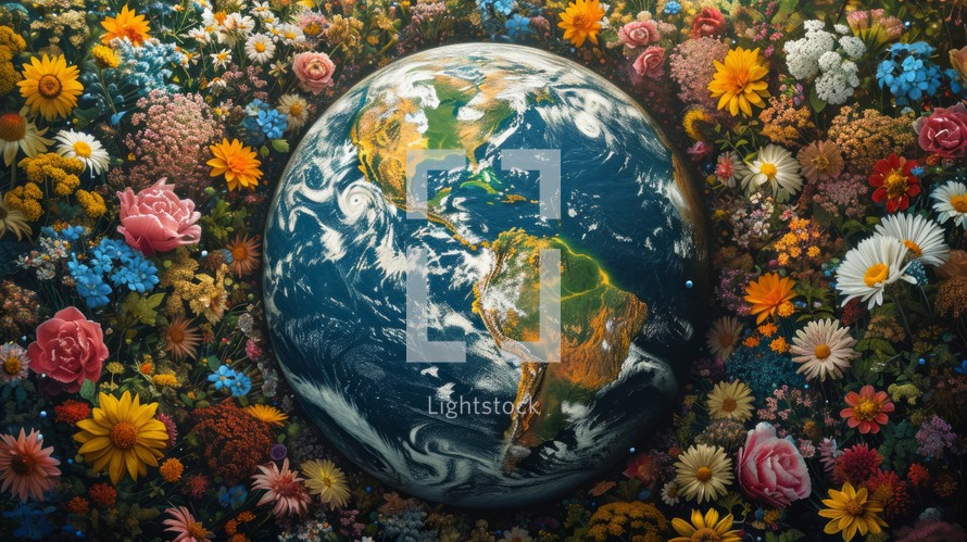 Realistic depiction of Earth with continents blossoming into vivid floral patterns, each continent exhibiting an array of flowers, showcasing the planet's natural beauty and floral diversity from an aerial view Generative AI