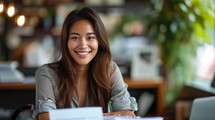 Photo concept of a woman in a professional office environment, smiling warmly while organizing paperwork at her desk Generative AI