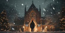 A man standing in front of a church in the snow at Christmas.