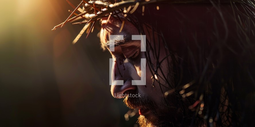 Side profile of Jesus during the crucifixion with a crown of thorns on his head.