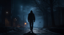 silhouette of a tough mysterious man walking in a dark city street