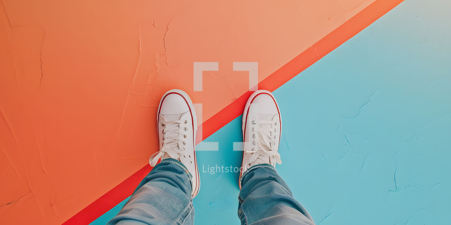 white shoes standing on a bright colored background with copy space
