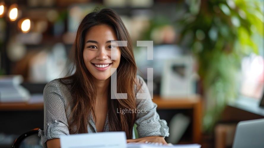 Photo concept of a woman in a professional office environment, smiling warmly while organizing paperwork at her desk Generative AI