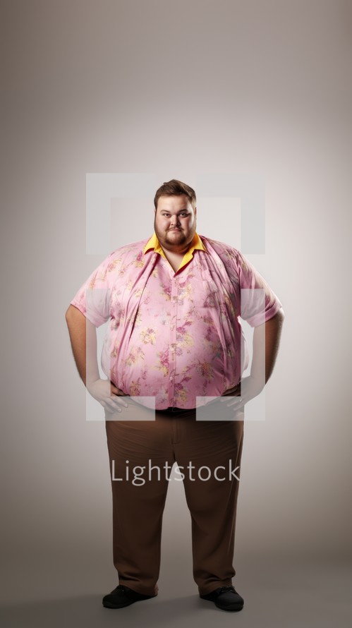 Generative AI overweight man 30 years old in colored clothes on a white background dynamic pose