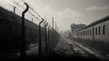 Grayscale shot of a concentration camp behind the fence