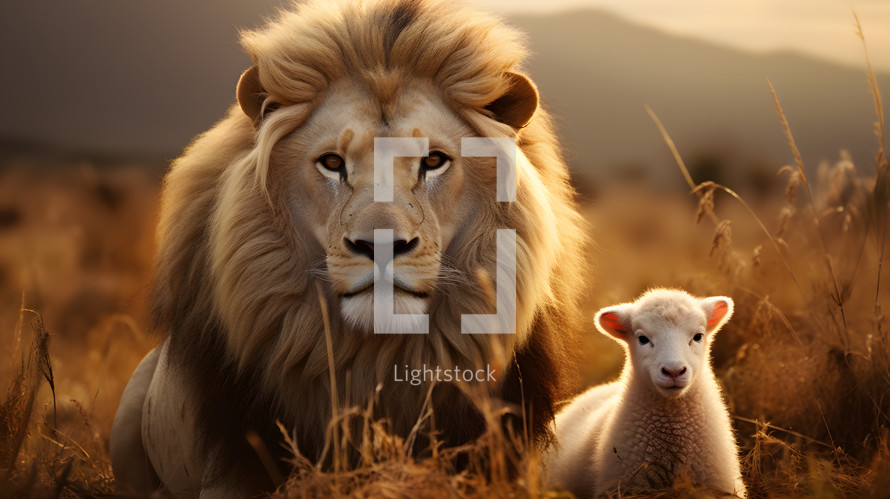 A lion and a lamb in sitting in a field looking forward