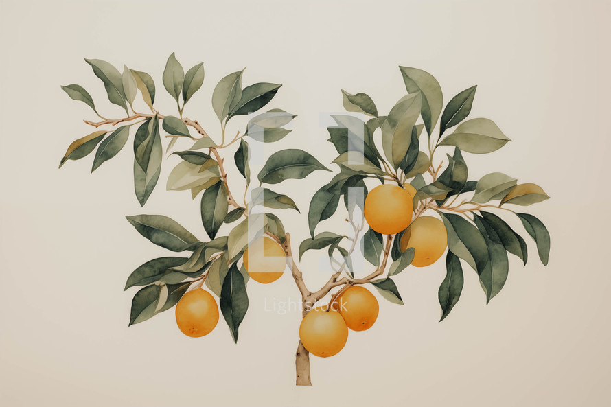a watercolor image of citrus fruits growing from a fruit tree