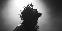 Jesus looks up wearing crown of thorns, blood drips from crown, copy space