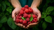 close-up of a man's hands holding a lot of raspberries, harvesting in the garden Generative AI