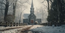 An old southern church in the winter snow.