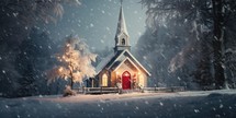 An old illustrated southern church in the winter snow at Christmas.