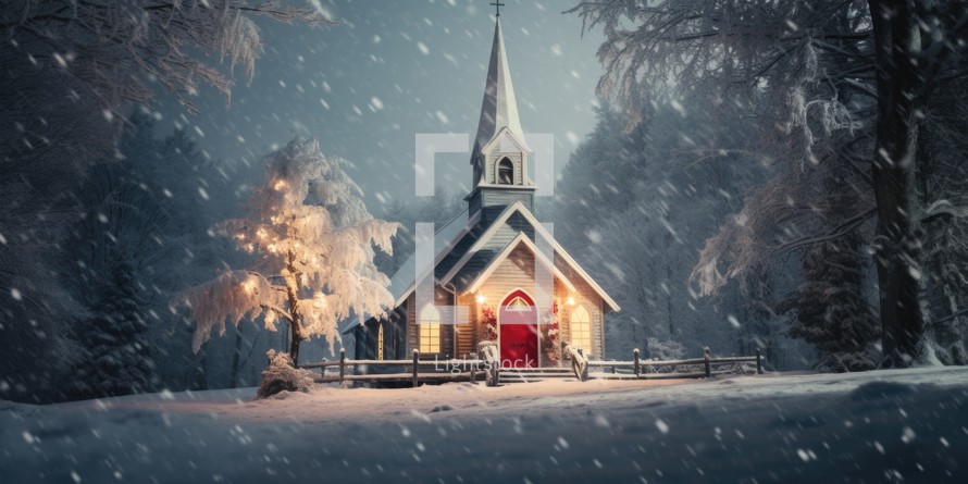 An old illustrated southern church in the winter snow at Christmas.