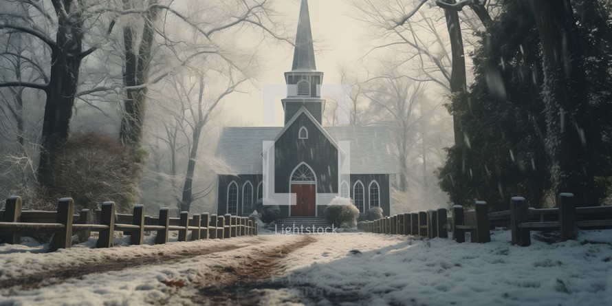 An old southern church in the winter snow.