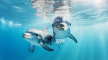 Playful dolphins swimming in crystal-clear waters. Generative AI