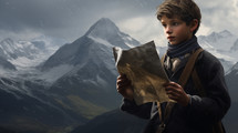 Waldensian boy in mountains looking at Map 