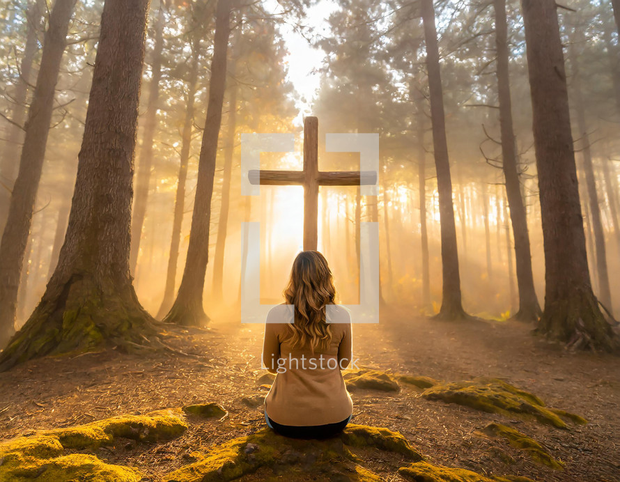 A woman kneels down to pray in a forest during sunset looking at a wooden cross.