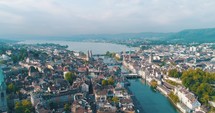 Wide Panoramic Zurich Switzerland Sweeping Over City Reformation History Aerial Cinematic Drone