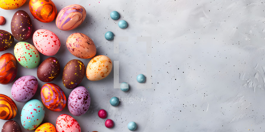 Colorful chocolate Easter Eggs flat lay on a minimal background