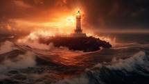 Cinematic lighthouse in the storm at dawn.