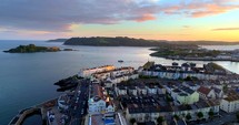 4K Aerial Plymouth England Buildings Sunset Ocean Islands Drakes Island Flyover