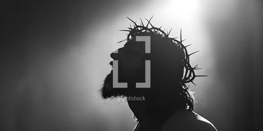 Jesus with crown of thorns, copy space in black and white