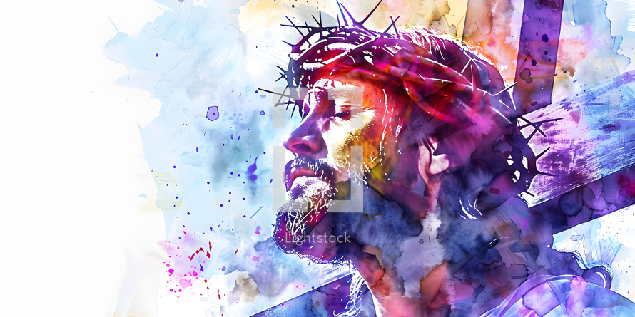 Digital Watercolor of Jesus carrying cross on white background