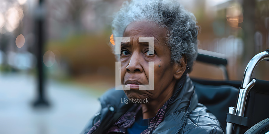 Disabled older woman looking sad, with copy space 