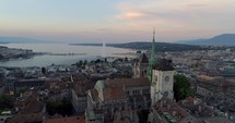 Geneva Switzerland Aerial Church Cathedral Drone Establishing Shot Fountain Lake Swiss Alps