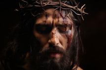 Jesus Christ with crown of thorns. Christian religion blood crucifixion, easter, death
