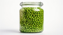Glass jar filled with freshly harvested green peas, close-up realistic photo against a white background Generative AI