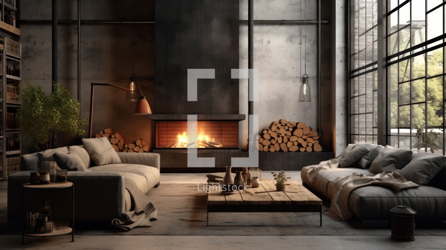 Realistic photo of an industrial-style living room with a metal fireplace, exposed pipes, raw materials, urban decor, edgy and contemporary ambiance Generative AI