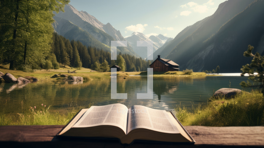 Bible in the grass looking over the lake and mountains.