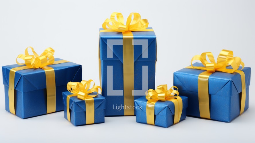 5 blue gifts wrapped with yellow ribbon on a white isolated background Generative AI